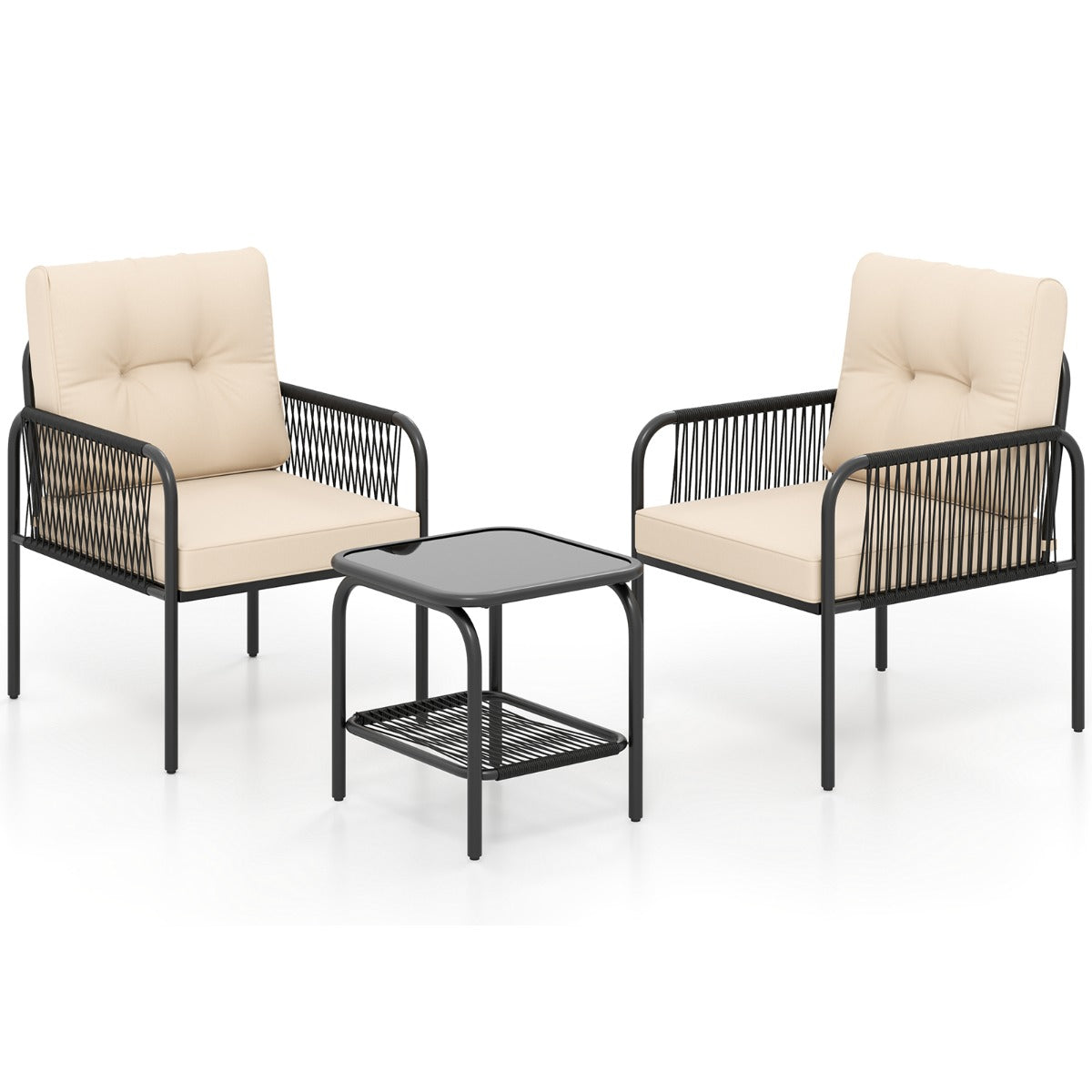 Juego de Muebles de Rattan PE con Mesa de Vidrio Templado Sillas Cojines para Respaldo y Asiento
