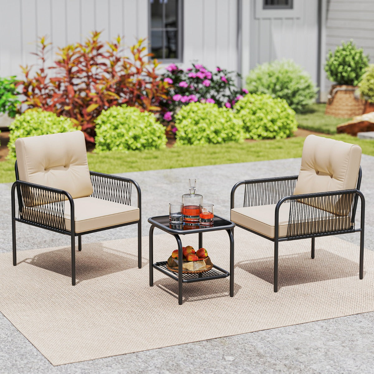Juego de Muebles de Rattan PE con Mesa de Vidrio Templado Sillas Cojines para Respaldo y Asiento