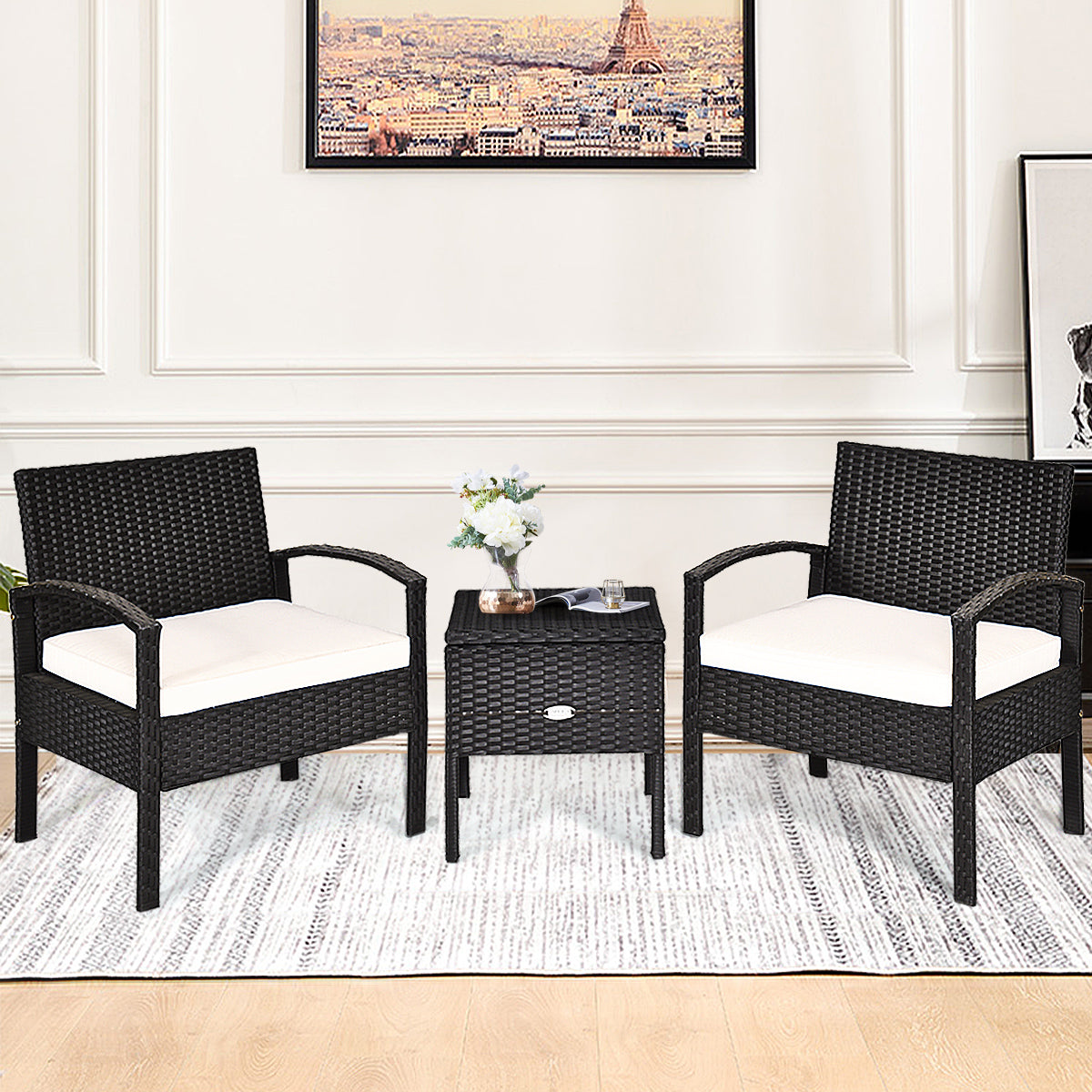 Juego de Muebles para Patio de 3 Piezas con Cojines Extraíbles Mesa de Café Conjunto de Sillas de Mimbre para Jardín y Piscina Blanco