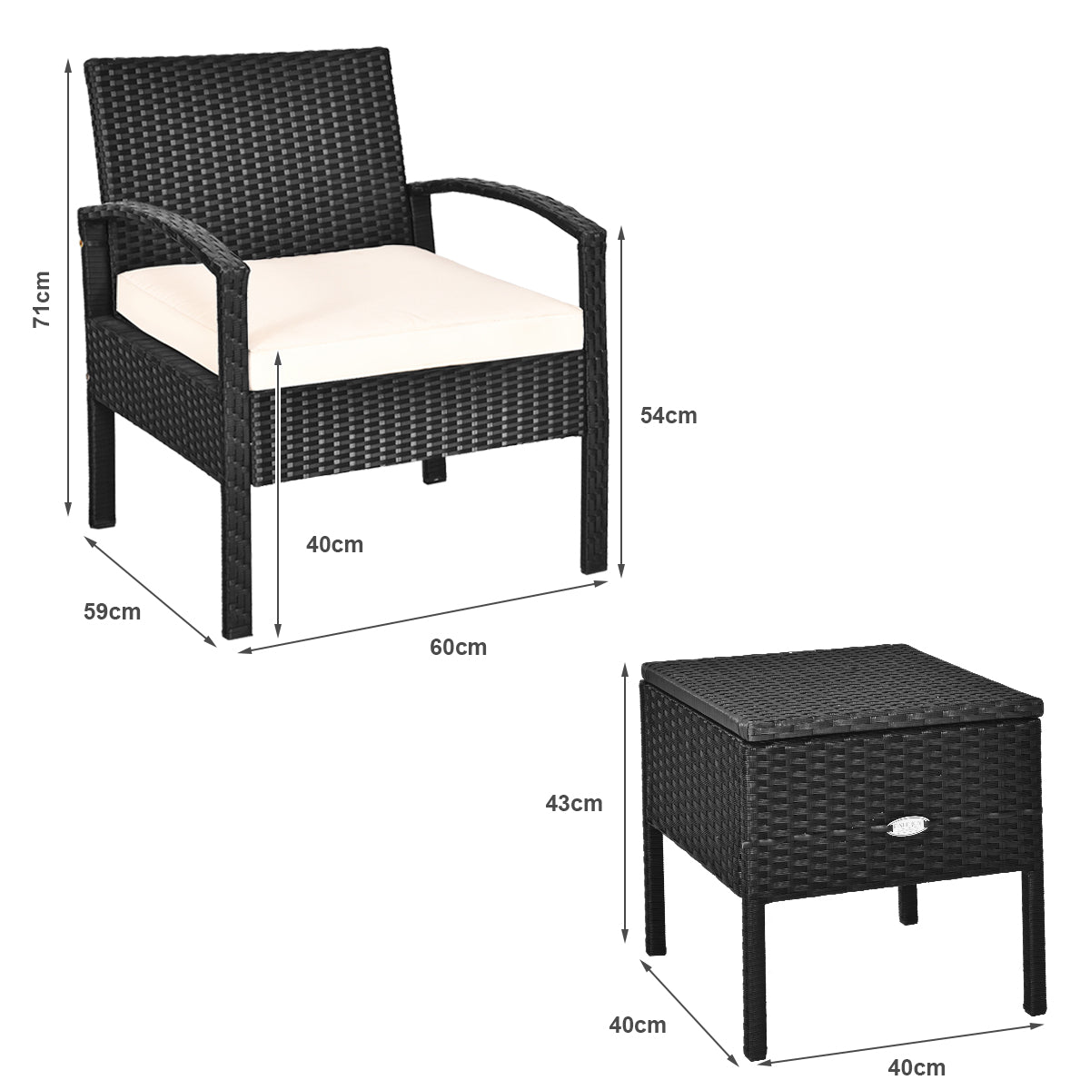 Juego de Muebles para Patio de 3 Piezas con Cojines Extraíbles Mesa de Café Conjunto de Sillas de Mimbre para Jardín y Piscina Blanco