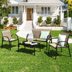 Juego de Mesita y Sillón y Banco Muebles de Patio Mesa de Centro Mesita de Jardín de Hierro y Tela de Malla para Terraza Exterior Marrón