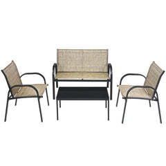 Juego de Mesita y Sillón y Banco Muebles de Patio Mesa de Centro Mesita de Jardín de Hierro y Tela de Malla para Terraza Exterior Marrón