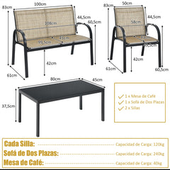 Juego de Mesita y Sillón y Banco Muebles de Patio Mesa de Centro Mesita de Jardín de Hierro y Tela de Malla para Terraza Exterior Marrón