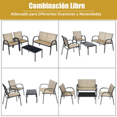 Juego de Mesita y Sillón y Banco Muebles de Patio Mesa de Centro Mesita de Jardín de Hierro y Tela de Malla para Terraza Exterior Marrón