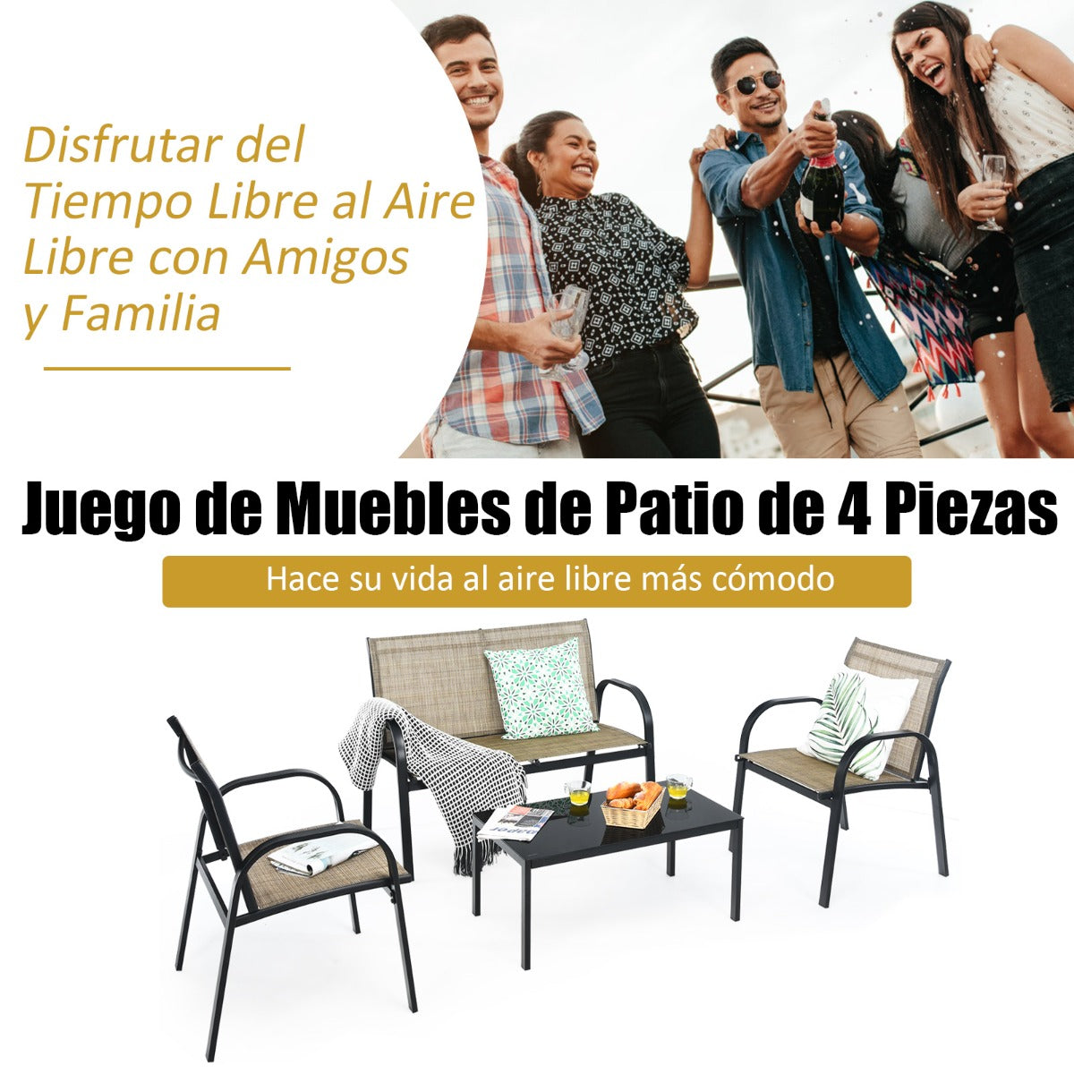 Juego de Mesita y Sillón y Banco Muebles de Patio Mesa de Centro Mesita de Jardín de Hierro y Tela de Malla para Terraza Exterior Marrón