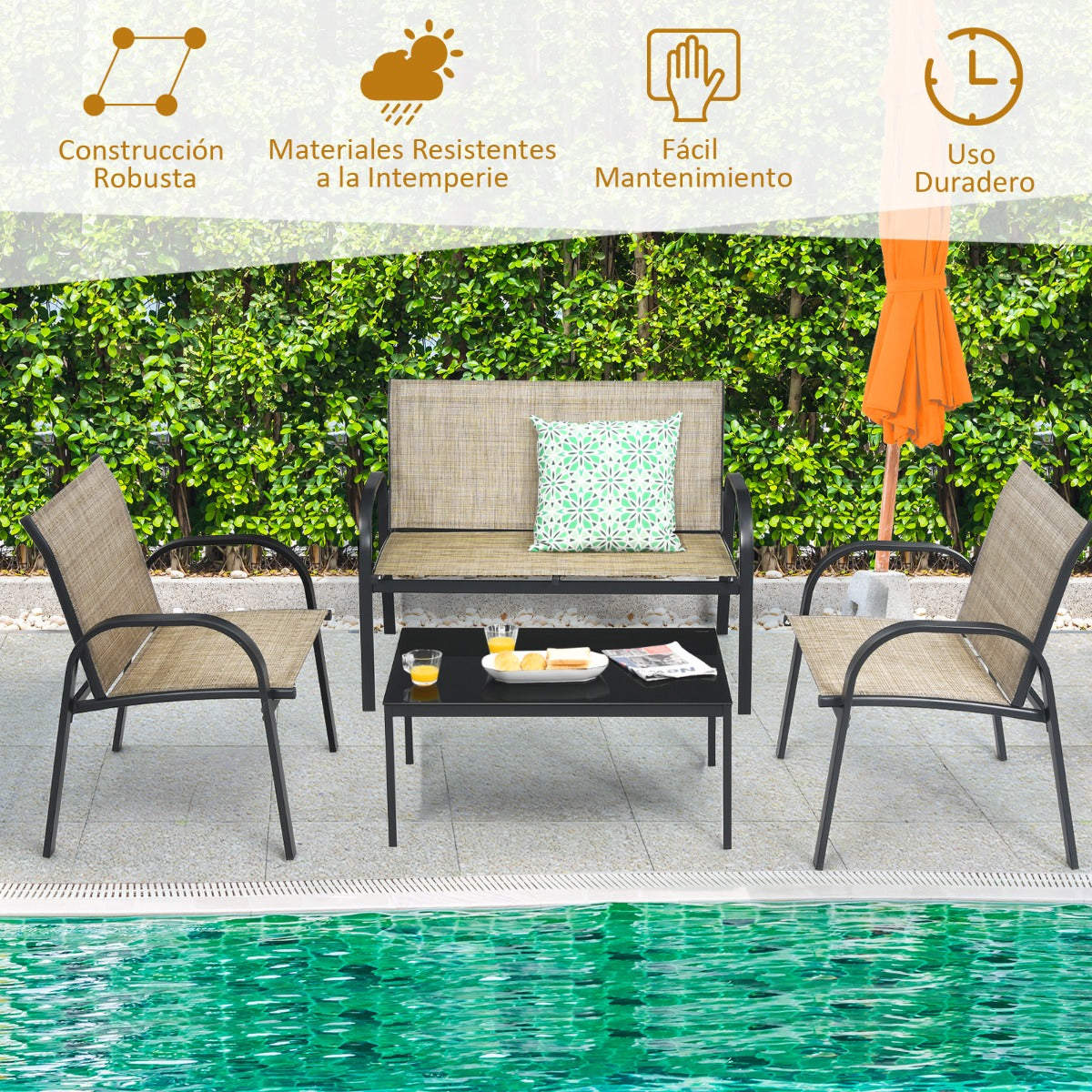 Juego de Mesita y Sillón y Banco Muebles de Patio Mesa de Centro Mesita de Jardín de Hierro y Tela de Malla para Terraza Exterior Marrón