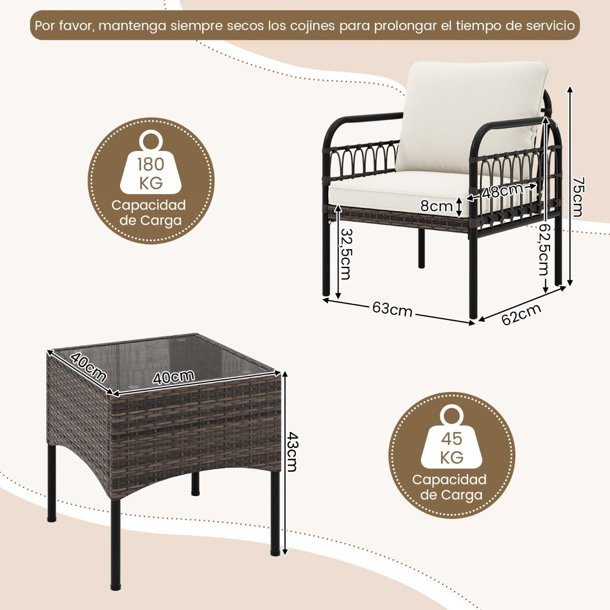 Juego de Muebles de 3 Piezas de Mimbre de Ratán con Sillas Acolchadas Mesa de Centro de Vidrio Templado para Porche Balcón Patio Blanco