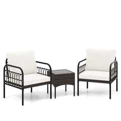 Juego de Muebles de 3 Piezas de Mimbre de Ratán con Sillas Acolchadas Mesa de Centro de Vidrio Templado para Porche Balcón Patio Blanco
