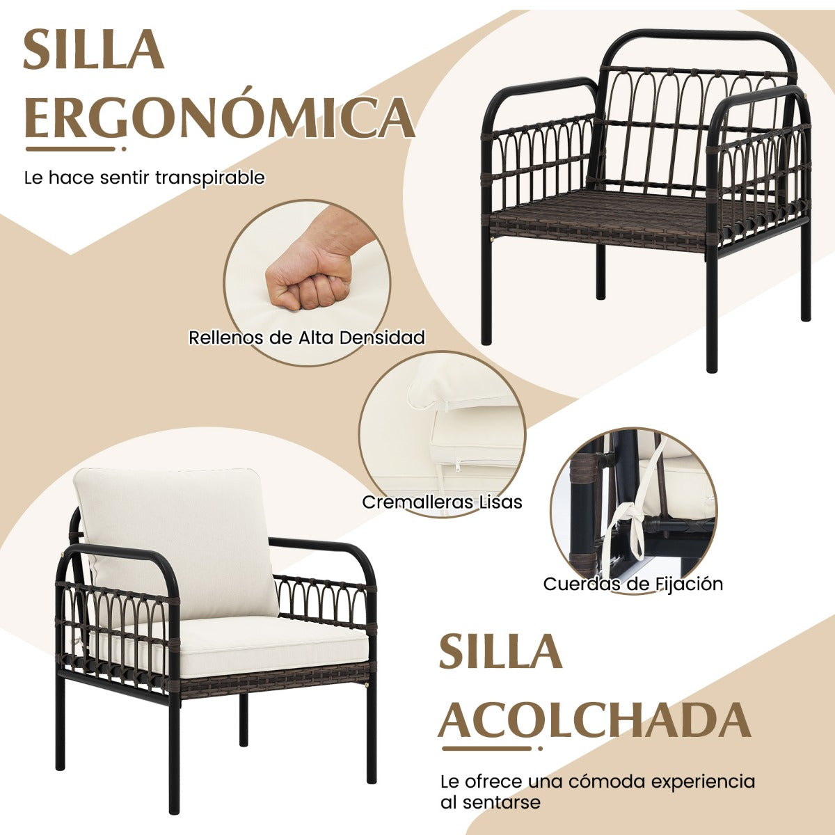 Juego de Muebles de 3 Piezas de Mimbre de Ratán con Sillas Acolchadas Mesa de Centro de Vidrio Templado para Porche Balcón Patio Blanco