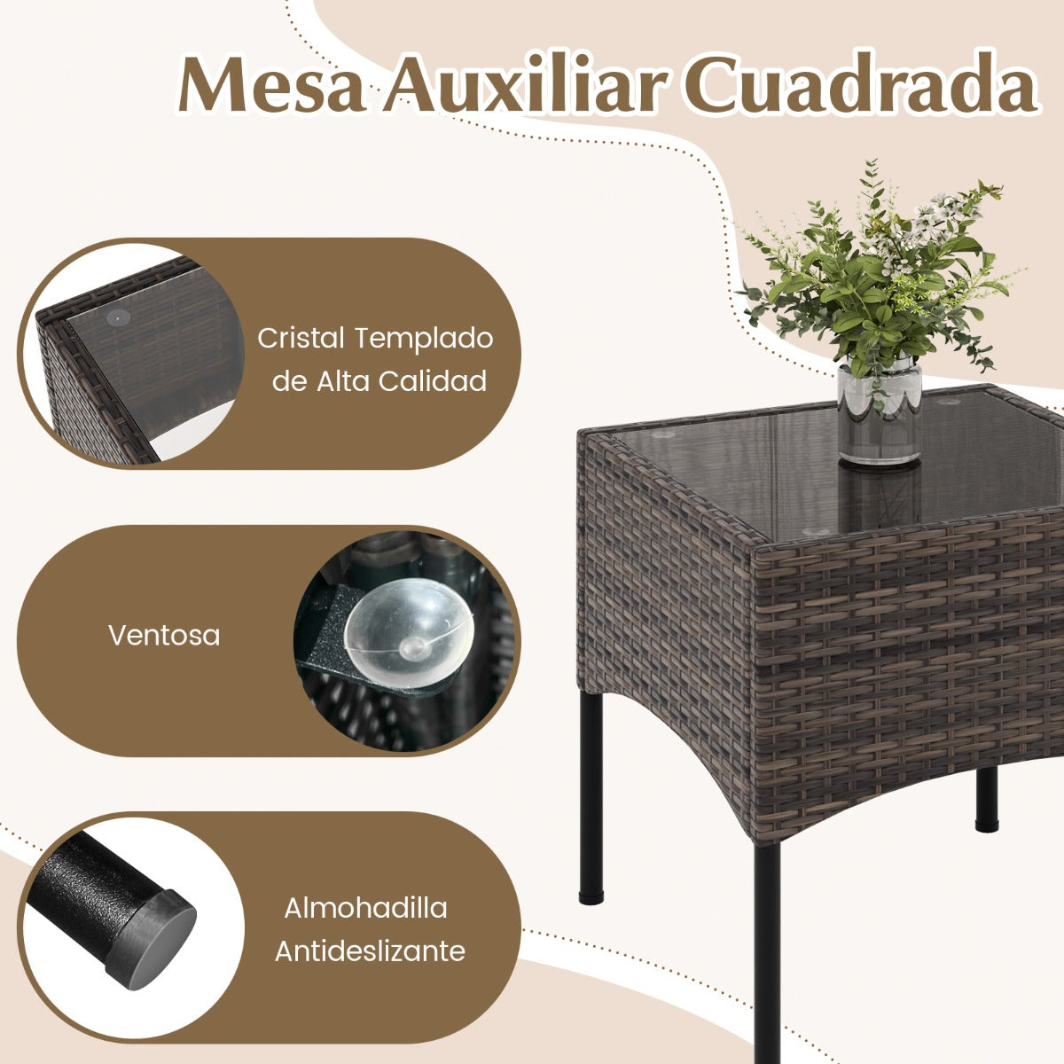 Juego de Muebles de 3 Piezas de Mimbre de Ratán con Sillas Acolchadas Mesa de Centro de Vidrio Templado para Porche Balcón Patio Blanco