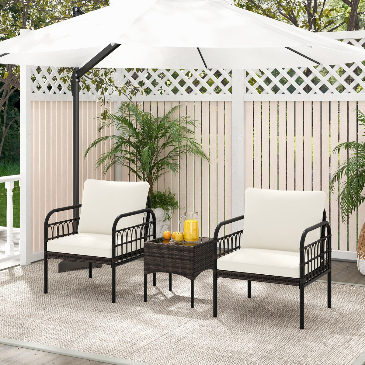 Juego de Muebles de 3 Piezas de Mimbre de Ratán con Sillas Acolchadas Mesa de Centro de Vidrio Templado para Porche Balcón Patio Blanco