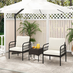 Juego de Muebles de 3 Piezas de Mimbre de Ratán con Sillas Acolchadas Mesa de Centro de Vidrio Templado para Porche Balcón Patio Blanco