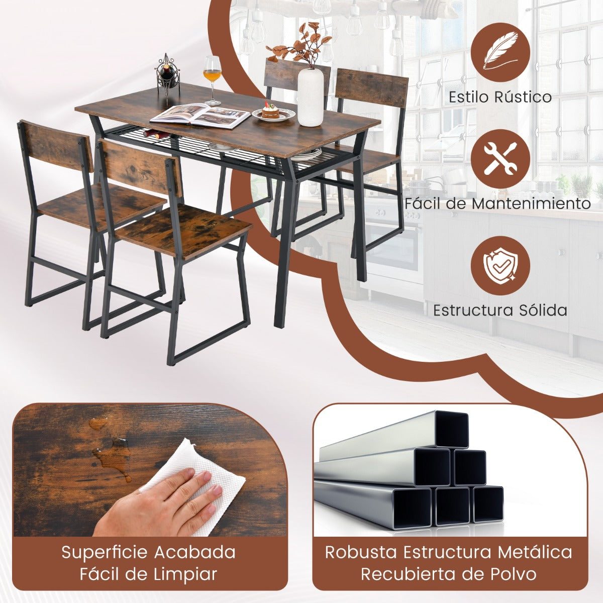 Juego de Muebles de 5 Piezas con Mesa Rectangular Industrial para Comedor 4 Sillas Estante de Almacenamiento y Marco de Metal Marrón