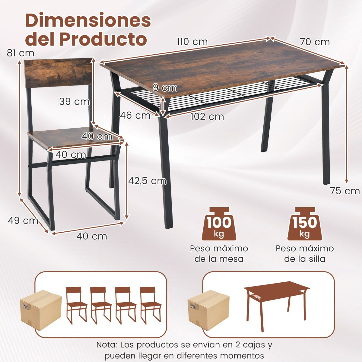 Juego de Muebles de 5 Piezas con Mesa Rectangular Industrial para Comedor 4 Sillas Estante de Almacenamiento y Marco de Metal Marrón