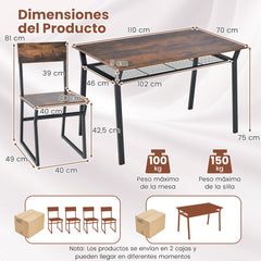 Juego de Muebles de 5 Piezas con Mesa Rectangular Industrial para Comedor 4 Sillas Estante de Almacenamiento y Marco de Metal Marrón