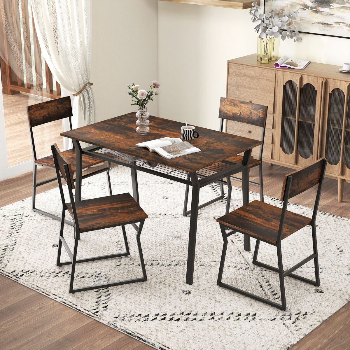 Juego de Muebles de 5 Piezas con Mesa Rectangular Industrial para Comedor 4 Sillas Estante de Almacenamiento y Marco de Metal Marrón