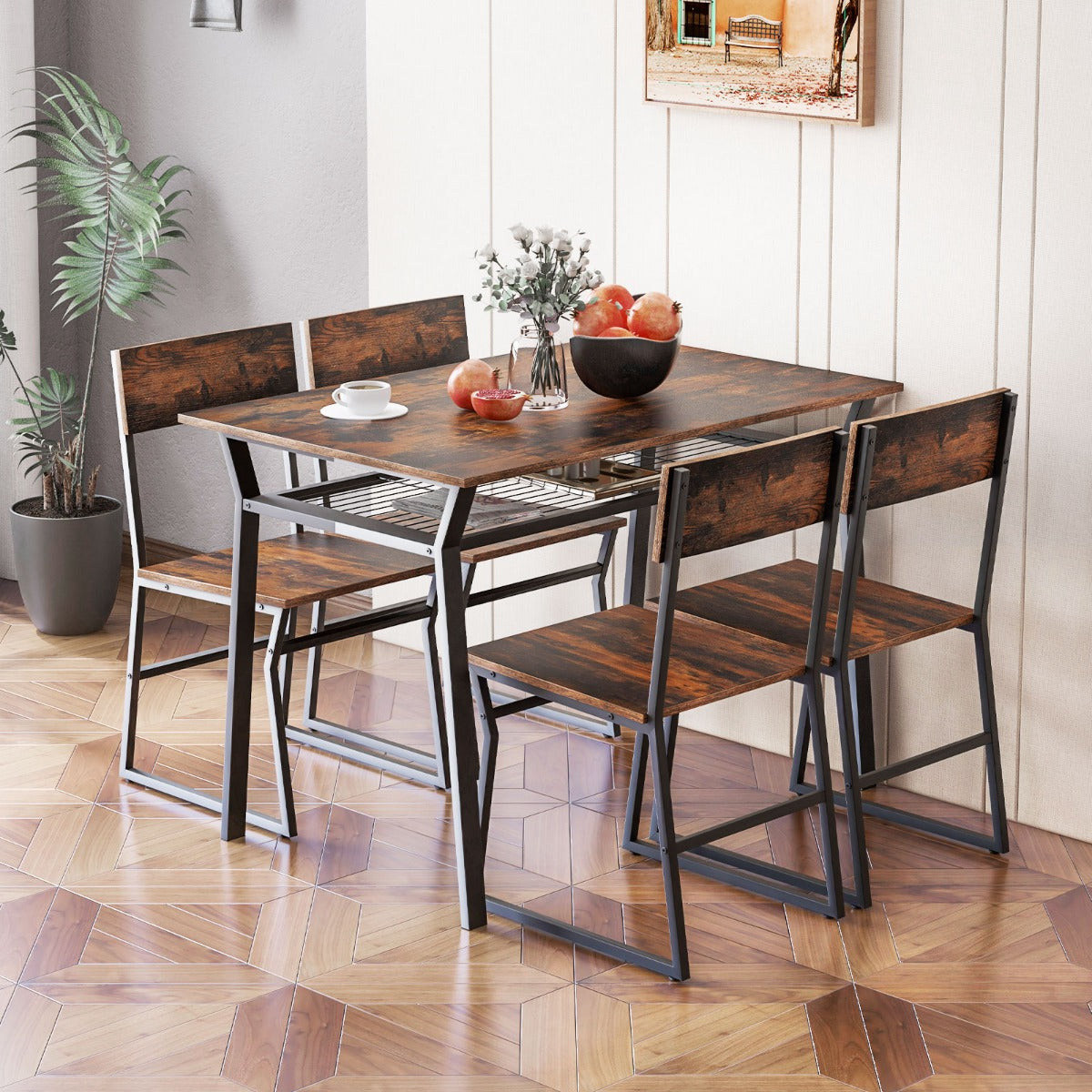 Juego de Muebles de 5 Piezas con Mesa Rectangular Industrial para Comedor 4 Sillas Estante de Almacenamiento y Marco de Metal Marrón
