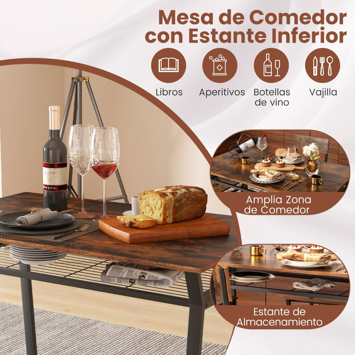 Juego de Muebles de 5 Piezas con Mesa Rectangular Industrial para Comedor 4 Sillas Estante de Almacenamiento y Marco de Metal Marrón