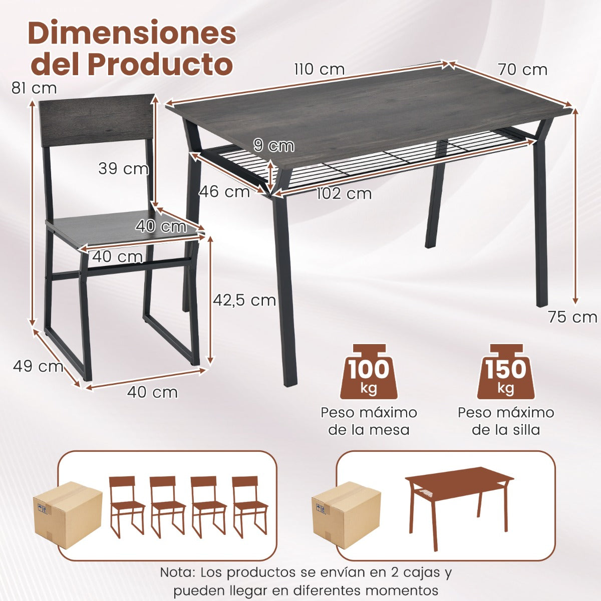 Juego de Muebles de 5 Piezas con Mesa Rectangular Industrial para Comedor 4 Sillas Estante de Almacenamiento y Marco de Metal Gris