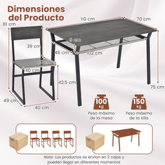 Juego de Muebles de 5 Piezas con Mesa Rectangular Industrial para Comedor 4 Sillas Estante de Almacenamiento y Marco de Metal Gris