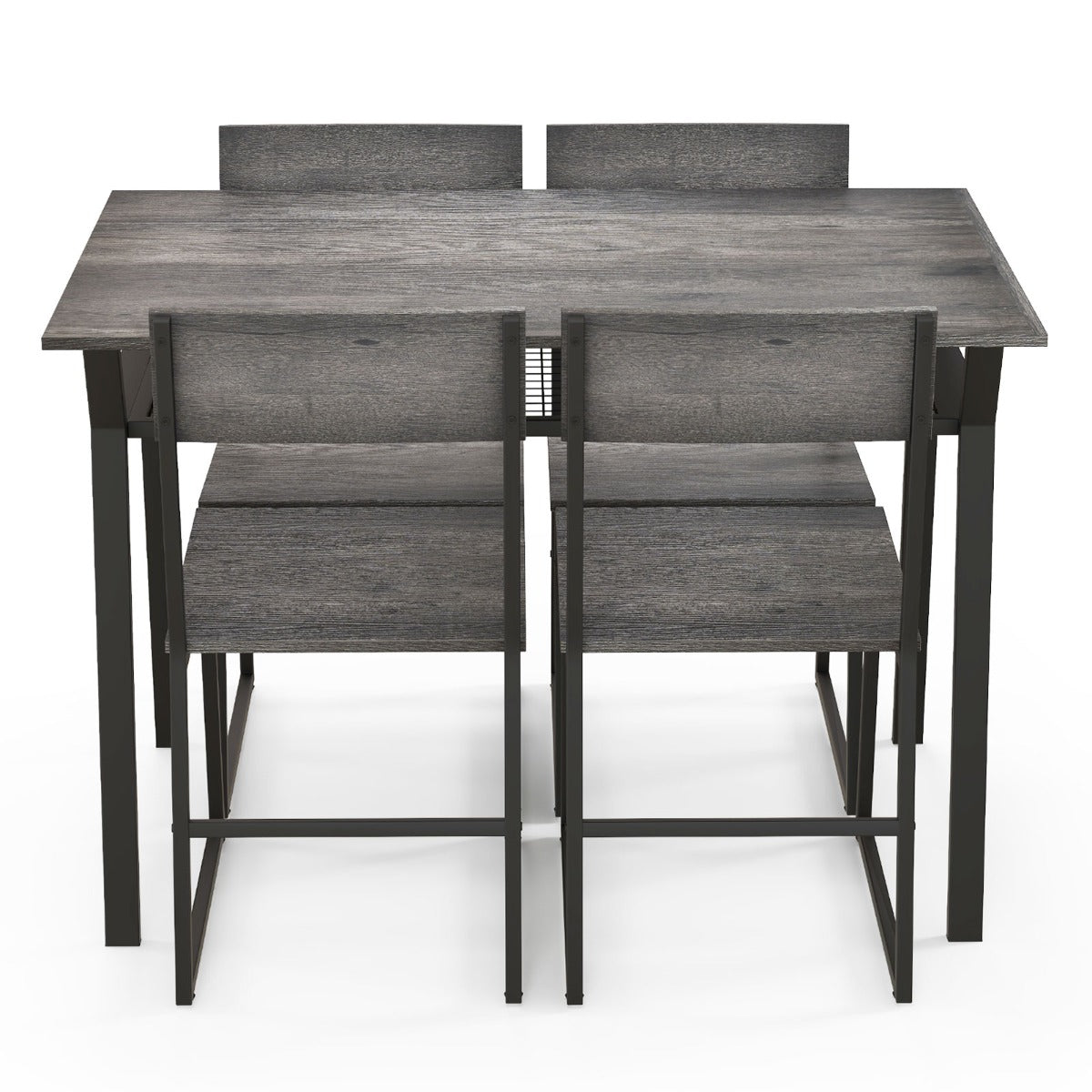 Juego de Muebles de 5 Piezas con Mesa Rectangular Industrial para Comedor 4 Sillas Estante de Almacenamiento y Marco de Metal Gris