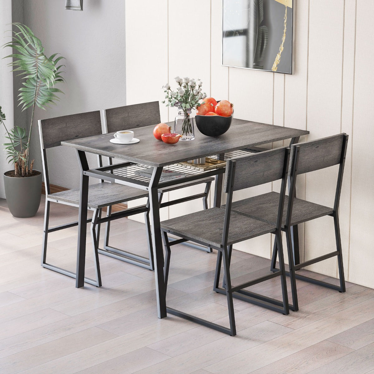 Juego de Muebles de 5 Piezas con Mesa Rectangular Industrial para Comedor 4 Sillas Estante de Almacenamiento y Marco de Metal Gris
