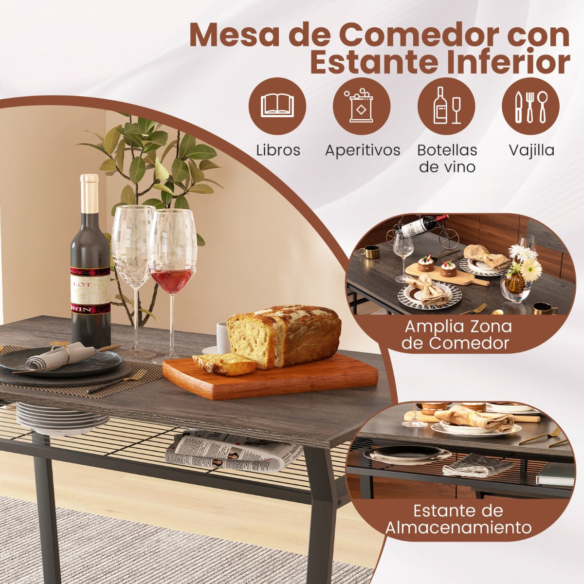 Juego de Muebles de 5 Piezas con Mesa Rectangular Industrial para Comedor 4 Sillas Estante de Almacenamiento y Marco de Metal Gris