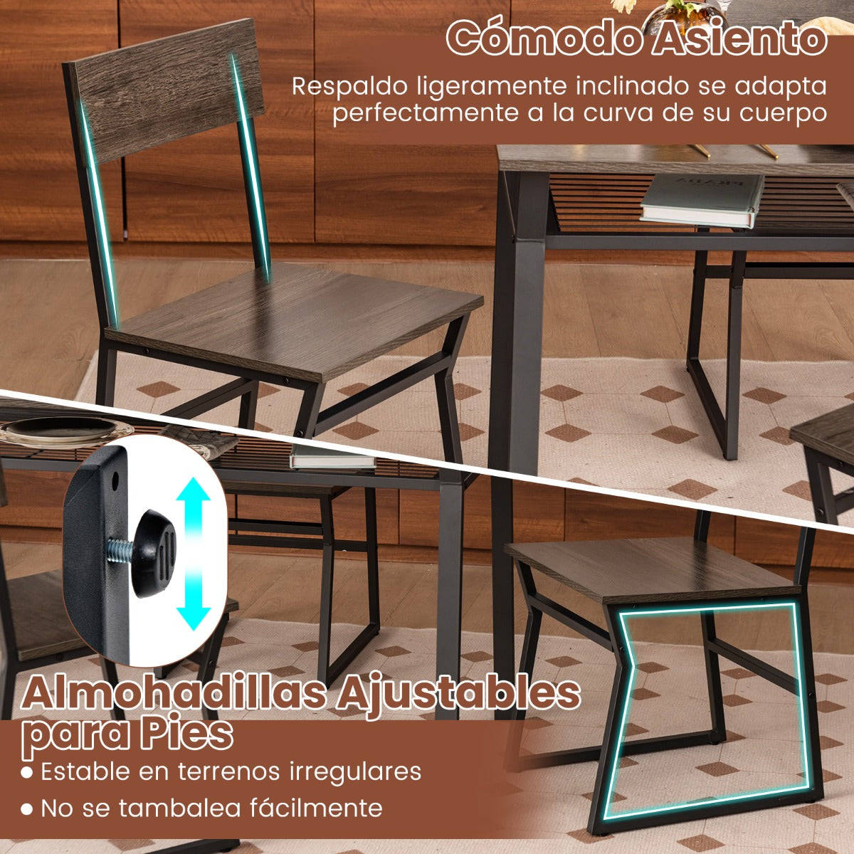Juego de Muebles de 5 Piezas con Mesa Rectangular Industrial para Comedor 4 Sillas Estante de Almacenamiento y Marco de Metal Gris