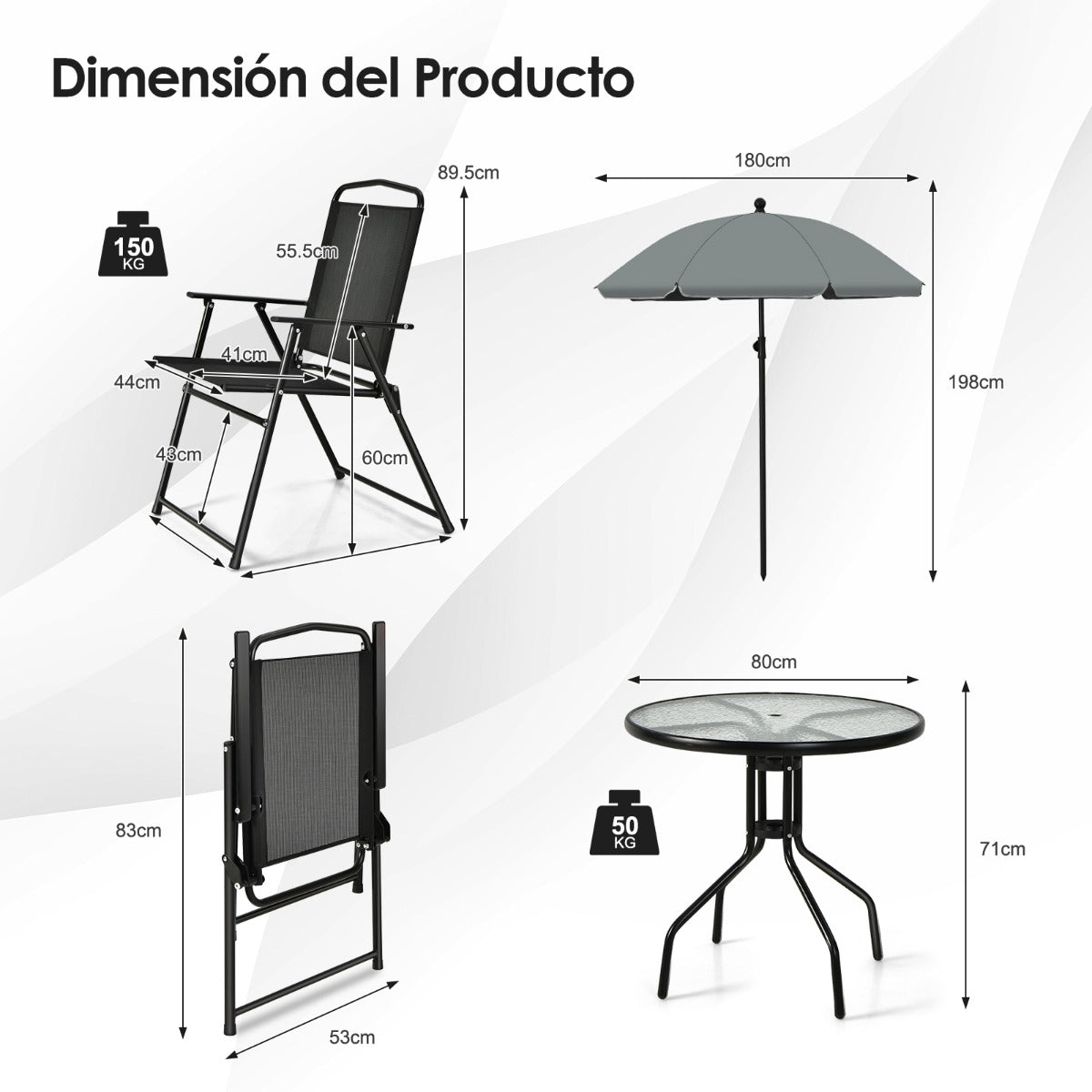 Conjunto Mesa y 4 Sillas Plegables con Tapa de Cristal Templado y Sombrilla Juego de Comedor 6 Piezas para Jardín Terraza y Piscina Negro