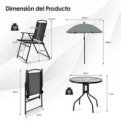Conjunto Mesa y 4 Sillas Plegables con Tapa de Cristal Templado y Sombrilla Juego de Comedor 6 Piezas para Jardín Terraza y Piscina Negro
