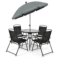 Conjunto Mesa y 4 Sillas Plegables con Tapa de Cristal Templado y Sombrilla Juego de Comedor 6 Piezas para Jardín Terraza y Piscina Negro