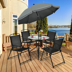 Conjunto Mesa y 4 Sillas Plegables con Tapa de Cristal Templado y Sombrilla Juego de Comedor 6 Piezas para Jardín Terraza y Piscina Negro