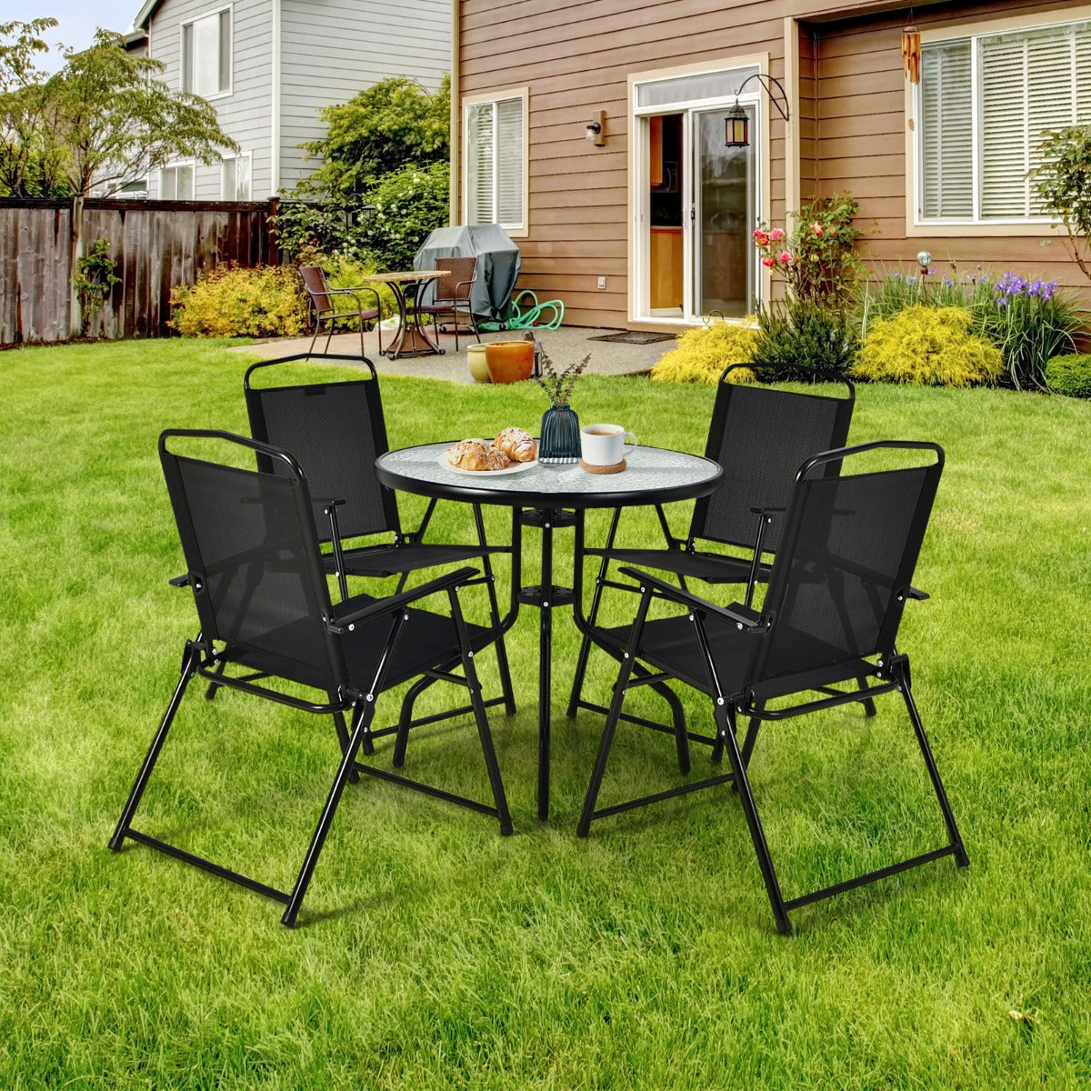Conjunto Mesa y 4 Sillas Plegables con Tapa de Cristal Templado y Sombrilla Juego de Comedor 6 Piezas para Jardín Terraza y Piscina Negro
