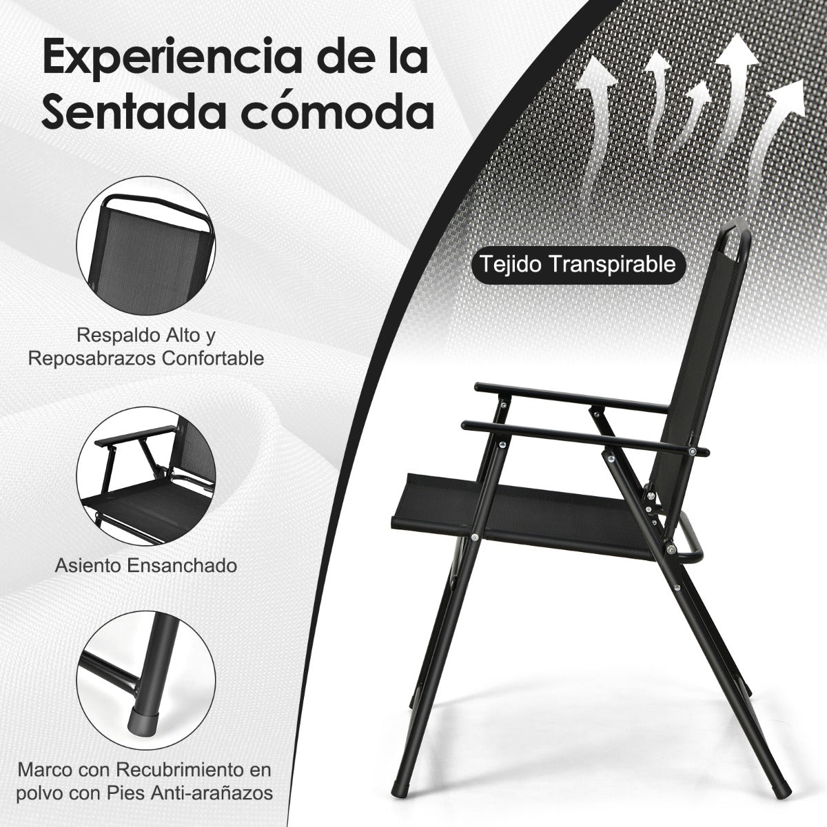 Conjunto Mesa y 4 Sillas Plegables con Tapa de Cristal Templado y Sombrilla Juego de Comedor 6 Piezas para Jardín Terraza y Piscina Negro