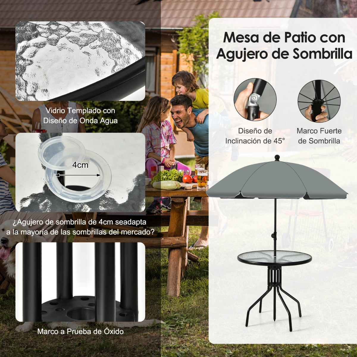 Conjunto Mesa y 4 Sillas Plegables con Tapa de Cristal Templado y Sombrilla Juego de Comedor 6 Piezas para Jardín Terraza y Piscina Negro