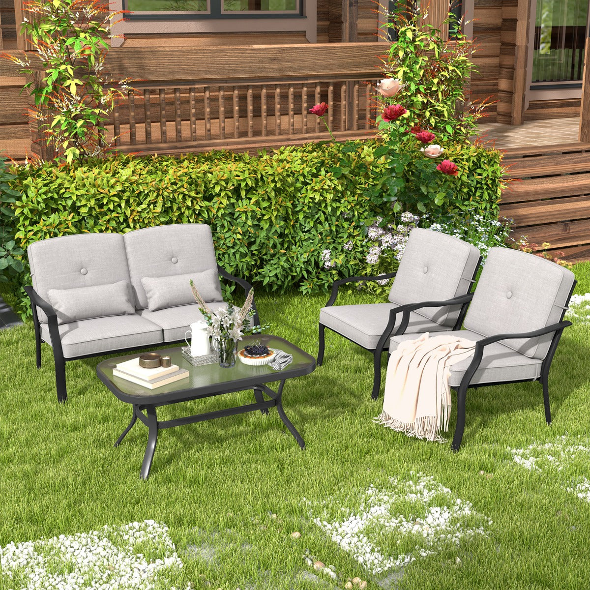 Conjunto de Muebles Exterior de 4 Piezas con 2 Sillas Individual Silla de 2 Plazas Mesa de Vidrio Templado para Jardín Balcón Terraza Gris