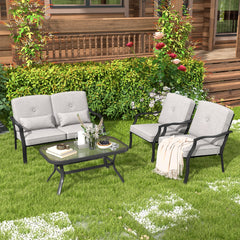 Conjunto de Muebles Exterior de 4 Piezas con 2 Sillas Individual Silla de 2 Plazas Mesa de Vidrio Templado para Jardín Balcón Terraza Gris