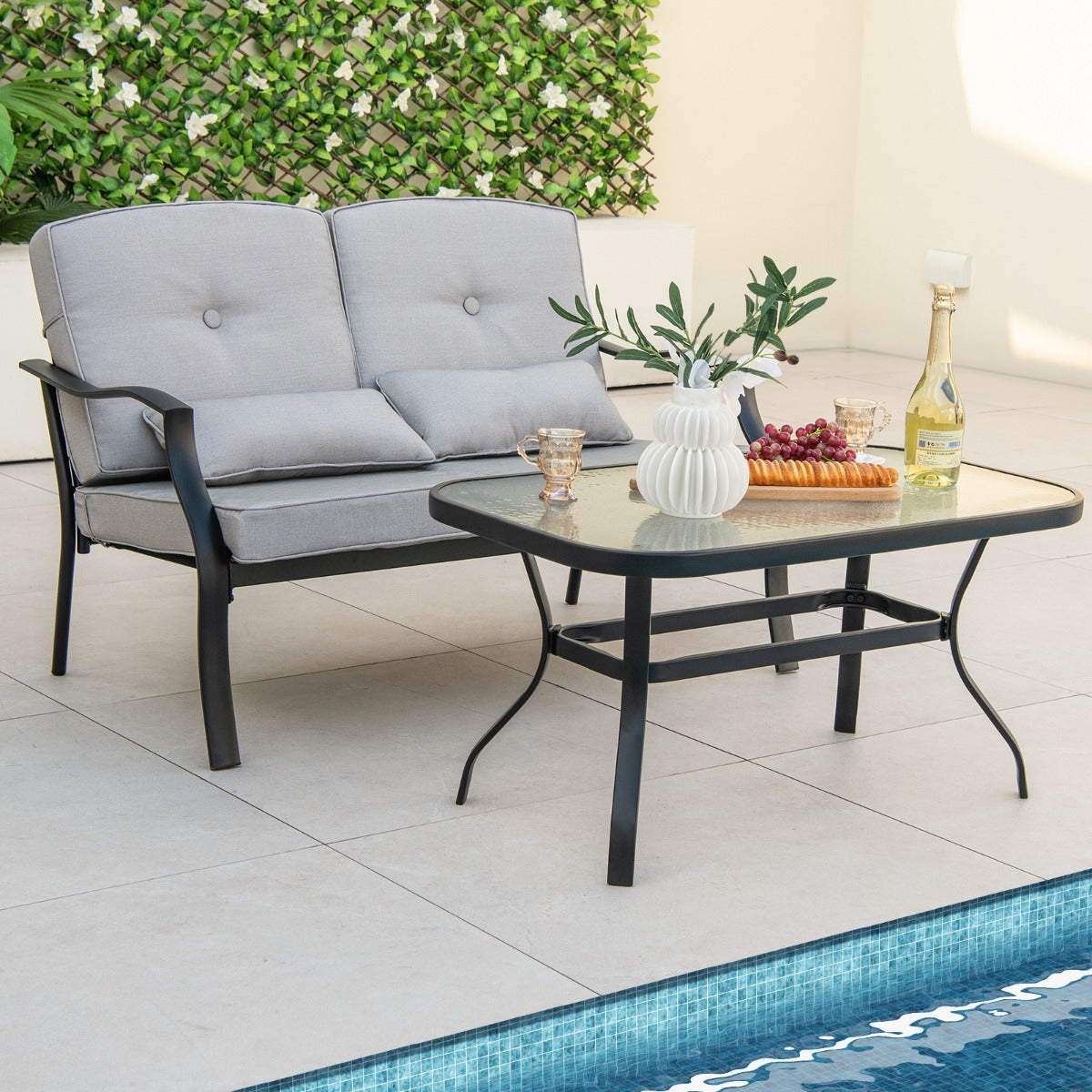 Conjunto de Muebles Exterior de 4 Piezas con 2 Sillas Individual Silla de 2 Plazas Mesa de Vidrio Templado para Jardín Balcón Terraza Gris