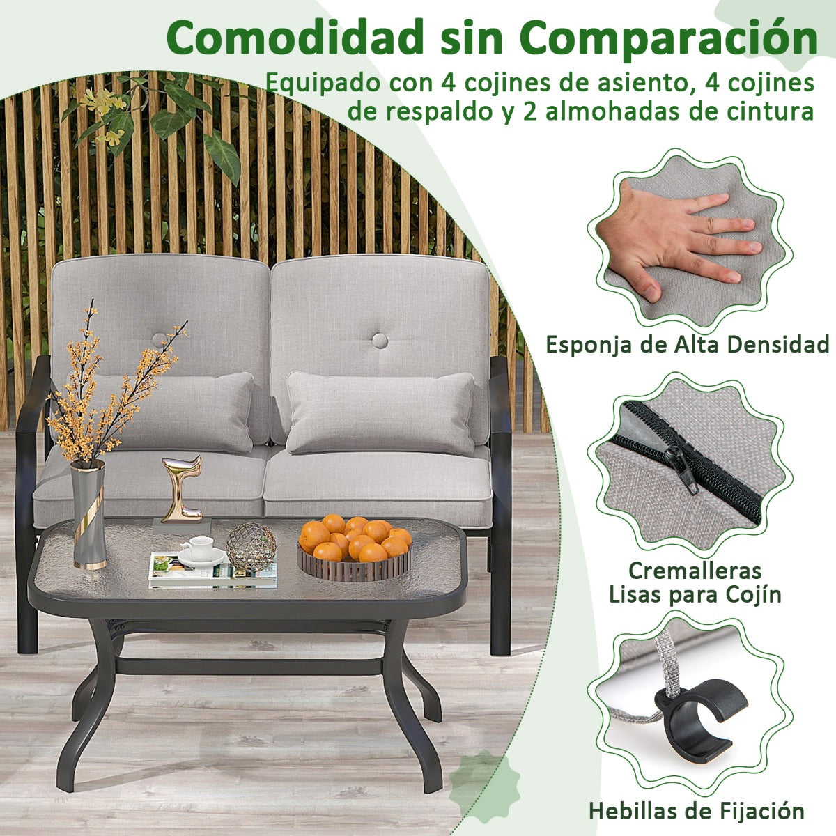 Conjunto de Muebles Exterior de 4 Piezas con 2 Sillas Individual Silla de 2 Plazas Mesa de Vidrio Templado para Jardín Balcón Terraza Gris