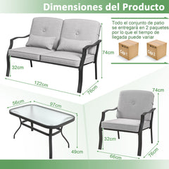 Conjunto de Muebles Exterior de 4 Piezas con 2 Sillas Individual Silla de 2 Plazas Mesa de Vidrio Templado para Jardín Balcón Terraza Gris
