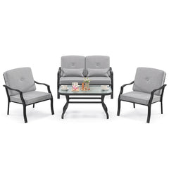 Conjunto de Muebles Exterior de 4 Piezas con 2 Sillas Individual Silla de 2 Plazas Mesa de Vidrio Templado para Jardín Balcón Terraza Gris