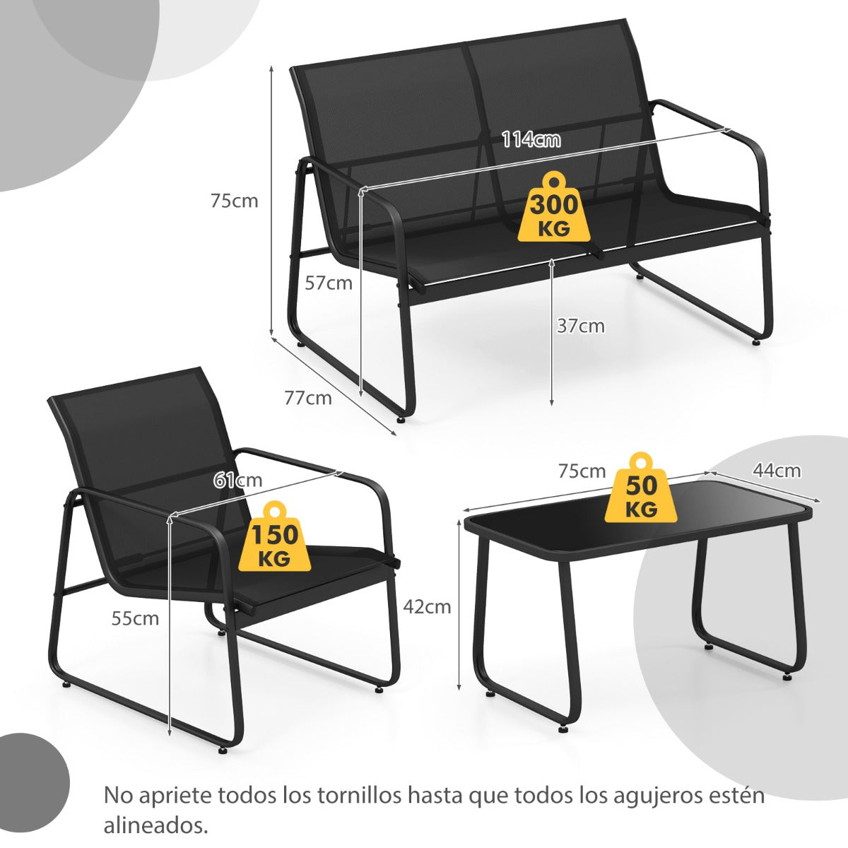 Juego de Muebles de 4 Piezas para Patio Porche con Mesa de Centro de Vidrio Templado Tela Transpirable Marco de Metal Inoxidable Negro