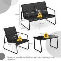 Juego de Muebles de 4 Piezas para Patio Porche con Mesa de Centro de Vidrio Templado Tela Transpirable Marco de Metal Inoxidable Negro