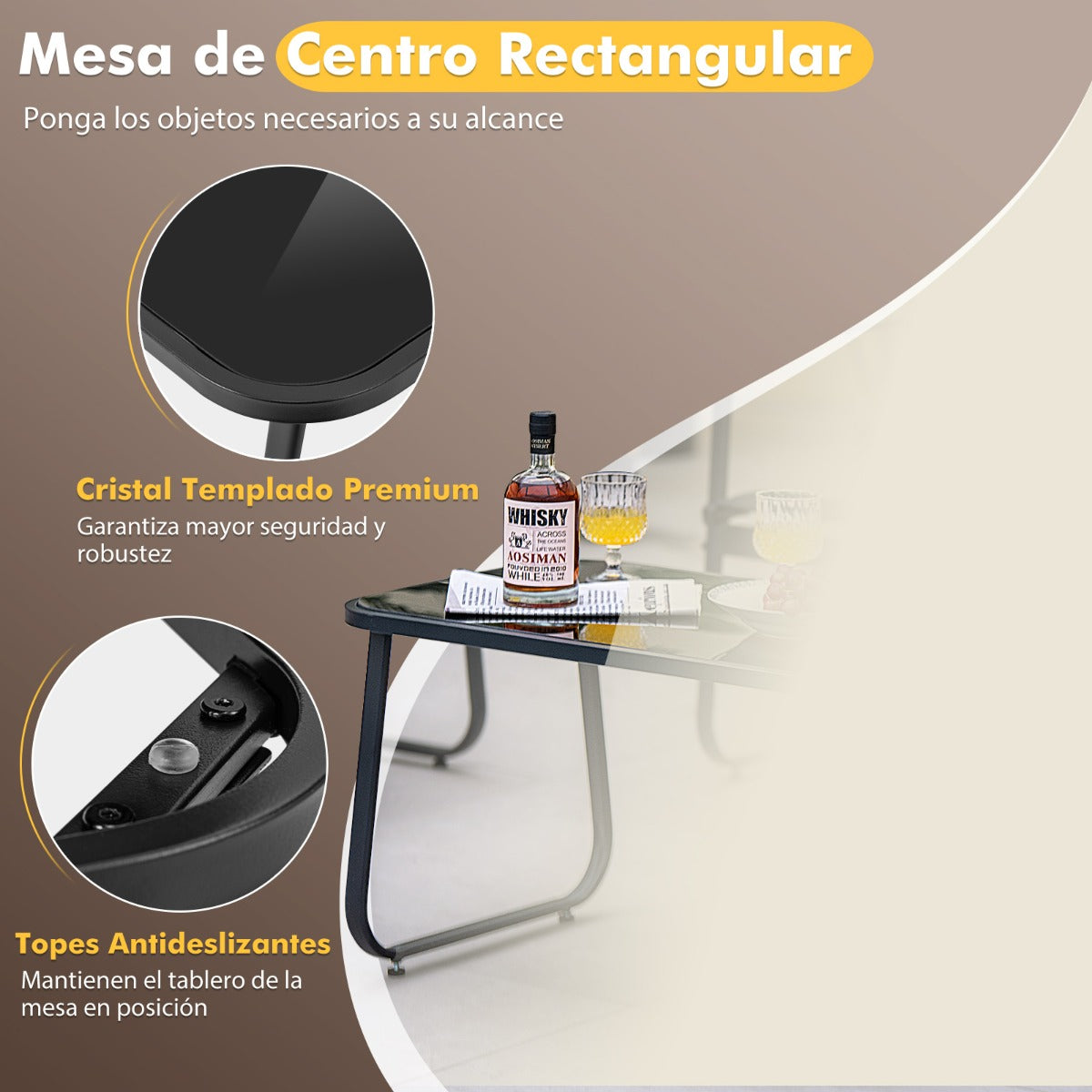 Juego de Muebles de 4 Piezas para Patio Porche con Mesa de Centro de Vidrio Templado Tela Transpirable Marco de Metal Inoxidable Negro