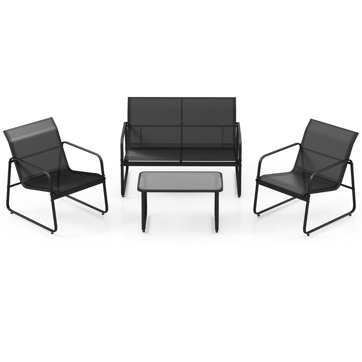 Juego de Muebles de 4 Piezas para Patio Porche con Mesa de Centro de Vidrio Templado Tela Transpirable Marco de Metal Inoxidable Negro