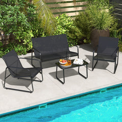 Juego de Muebles de 4 Piezas para Patio Porche con Mesa de Centro de Vidrio Templado Tela Transpirable Marco de Metal Inoxidable Negro