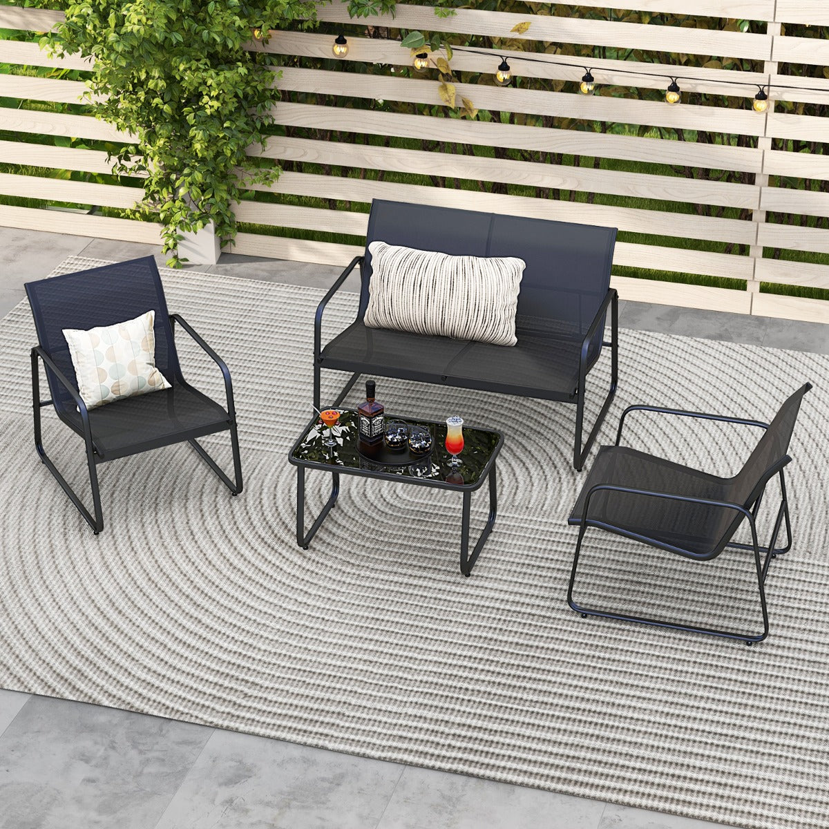 Juego de Muebles de 4 Piezas para Patio Porche con Mesa de Centro de Vidrio Templado Tela Transpirable Marco de Metal Inoxidable Negro