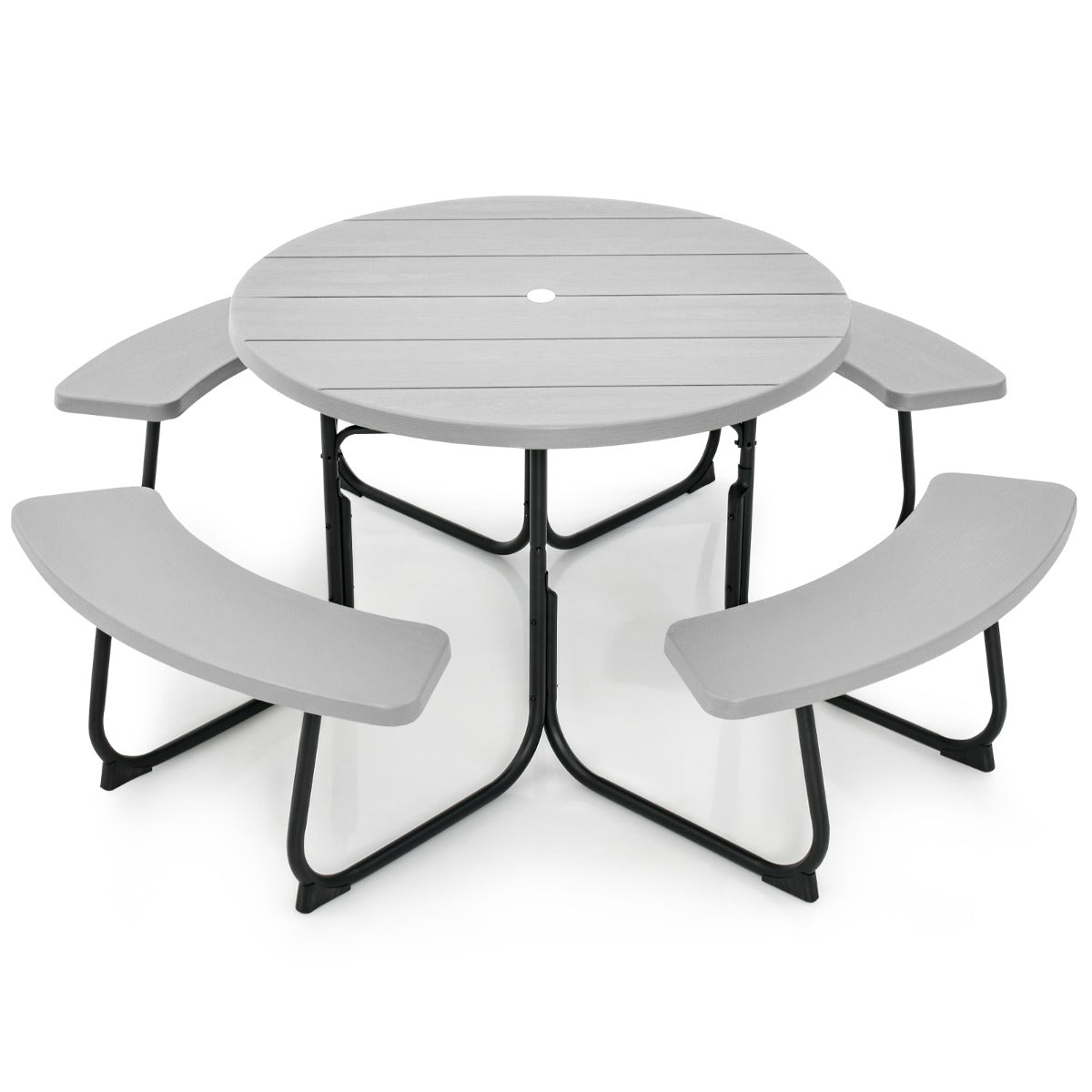 Juego de Muebles para 8 Personas con 4 Bancos Orificio para Sombrilla y Mesa Redonda de Camping para Picnic Jardín Carga 225 kg Gris