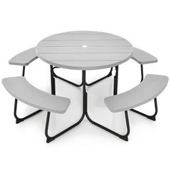 Juego de Muebles para 8 Personas con 4 Bancos Orificio para Sombrilla y Mesa Redonda de Camping para Picnic Jardín Carga 225 kg Gris