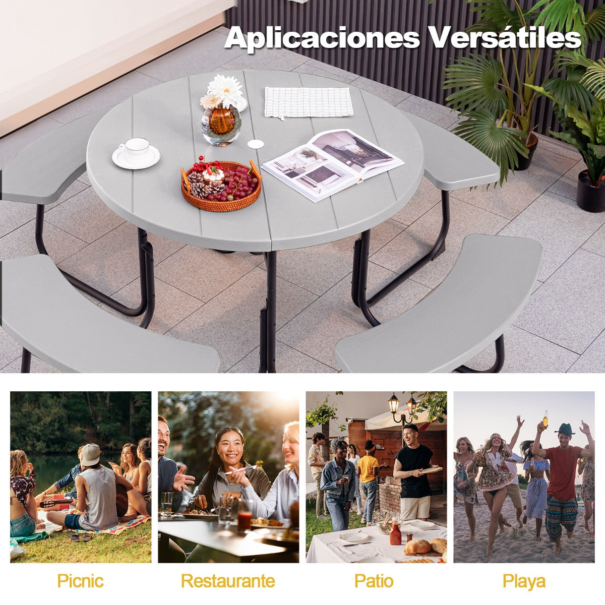 Juego de Muebles para 8 Personas con 4 Bancos Orificio para Sombrilla y Mesa Redonda de Camping para Picnic Jardín Carga 225 kg Gris